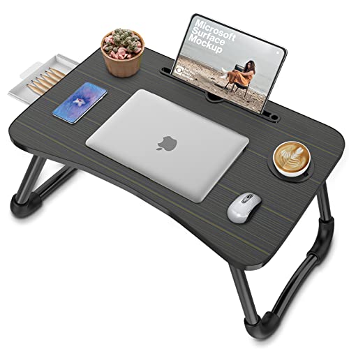 Zapuno Foldable Laptop Bed Table Multi-Function Lap Bed Tray Table With Storage Drawer And Water Bottle Holder, Serving Tray Dining Table With Slot For Eating, Working On Bed/Couch/Sofa (Arc Shape) #TOP6