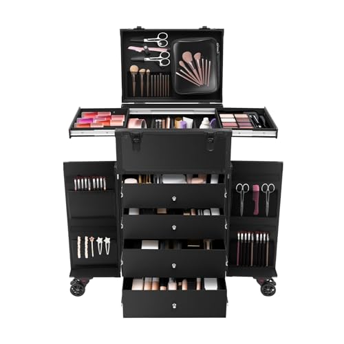 Pazcii Rolling Makeup Case, Professional Makeup Train Case Cosmetic Trolley with Organizer, Black Makeup Storage Travel Case, for Makeup Artists, Salon, Travel, Beauty Facial Storage Organizer