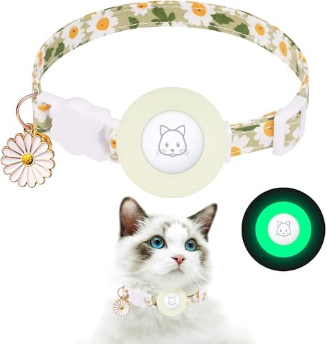 LCLALAY Airtag Cat Collar, Breakaway Kitten Collar with Silicone Airtag Holder, Bells, and Flower Charm for Girl Cats, Boy Cats, and Small Dogs (Luminous Green)
