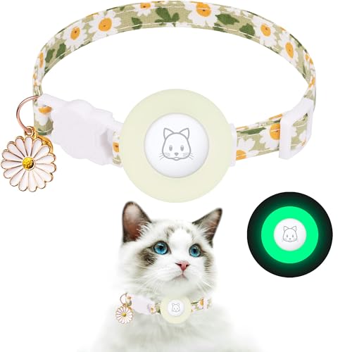 LCLALAY Airtag Cat Collar, Breakaway Kitten Collar with Silicone Airtag Holder, Bells, and Flower Charm for Girl Cats, Boy Cats, and Small Dogs (Luminous Green)