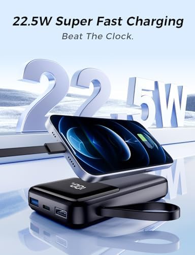 HELLEE Power Bank, 10000mAh Portable Charger with Built in Cable, 22.5W Fast Charging, Slim Travel Essential Battery Pack with LED Display, Compatible with iPhone 17/16/15/14/13, Samsung, iPad Onyx — view 2
