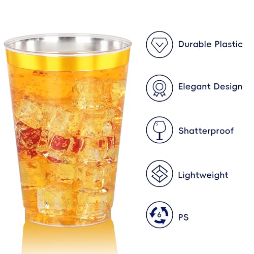 Image of 30 Pcs Gold Plastic Cups,12oz Gold Rimmed Plastic Cups,Heavy Duty Disposable Plastiic Wine Glasses Cocktail Glasses Premium Cup with Gold Rim for Party,Wedding,Christmas