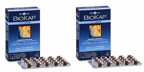 BIOSLINE - BIOKAP MIGLIO UOMO TRICOFOLTIL CAPELLI E UNGHIE 2 CONFEZIONI DA 60CPS MOLLI, per eccessiva caduta di capelli, unghie fragili