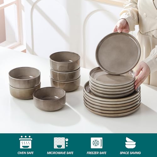 Image of vancasso PLAYA Plates and Bowls Sets, 18 Pieces Dark Brown Dinnerware Sets for Kitchen, Reactive Glaze Dishes Set for 6, Dishwasher and Microwave Safe