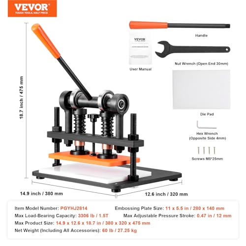 VEVOR Leather Cutting Machine, 11 x 5.5 in Embossing Plate Manual Die Cutter, 0.47 in Pressure Stroke Leather Embossing Machine, Dual Guide Shafts Die Cut Machine for Various of Materials