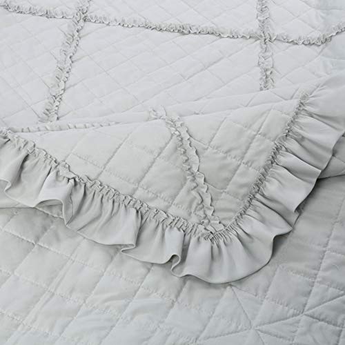 Marina Decoration Lush Ruffled Textured Shabby Chic Embroidered Stitching Coverlet Bedspread Ultra Soft Solid 3 Piece Summer Quilt Set With 2 Quilted Shams, Light Grey Color California King Size #TOP5