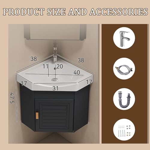 Lavabo triangular de cerámica con mueble de almacenamiento para baño pequeño 3