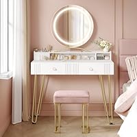 Hzuaneri Dressing Table Set with LED Lights Mirror, Adjustable Brightness, Vanity Desk with Pink Stool, Makeup Vanity Table with 2 Drawers, 2 Open Storage Areas, 2 Compartments, White Gold DT42403XUK