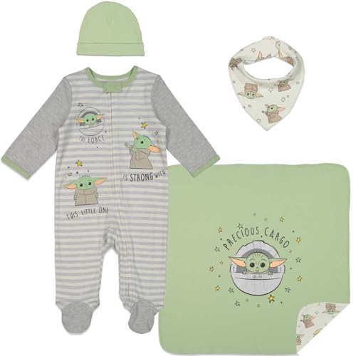 STAR WARS Mandalorian Baby Yoda Layette Gift Set Footies Blanket Bib Hat 0-6 Months