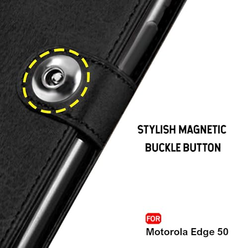 Image of TheGiftKart Flip Cover Back Case for Motorola Moto Edge 50 5G | Genuine Leather Finish | Designer Button | Inbuilt Pockets & Stand | Wallet Style Flip Case Cover for Moto Edge 50 (Faux Leather, Black)