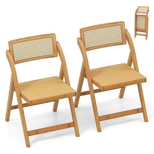 RELAX4LIFE Lot de 2 Chaise Pliante Bois, Chaises Rotin Salle à Manger avec Cadre en Bambou, Dossier Pivotant, Chaise Cannage Pliante, Style Bohème, Aucun Montage, Charge 150 kg, pour Cuisine Salon (1)