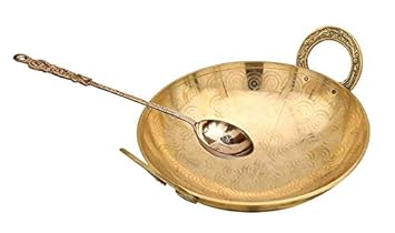 Karmbhumi Brass Pital Heavy Weight Serving Kadhai Cookware with Embossed Brass Spoon (2500 ML)