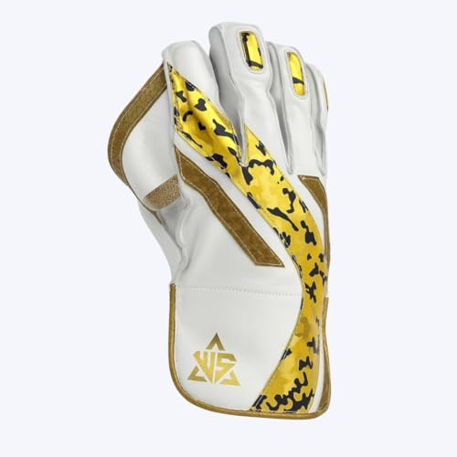 Image of WHITEDOT SPORTS Helix Cricket Wicket Keeping Gloves, Premium Leather, Gold Camo Design, Adult Size (Mens /Adult /Large)