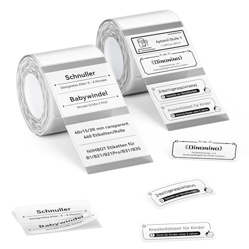 NIIMBOT Etykiety do drukarek etykiet B1, B21, B31, B3S, 40 x 15 mm/2R, 460 etykiet na rolce, 2 rolki samoprzylepnej taśmy do etykiet do supermarketów, handlu detalicznego, biura, przezroczyste