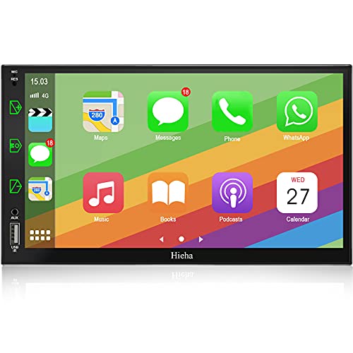 Double Din Car Stereo Apple Carplay and Android Auto, 7 Inch Touch Screen Car Audio Receiver Support Phone Mirror Link/USB/AUX/Bluetooth, AM/FM, Voice Control Car Entertainment Multimedia with Camera