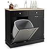 Giantex Kitchen Trash Cabinet, Kitchen Island with Tilt Out Garbage Bin, Rubber Wood Countertop, Large Cabinet, 2 Drawers, Adjustable Shelf, Recycling Can Holder Organizer (Black)