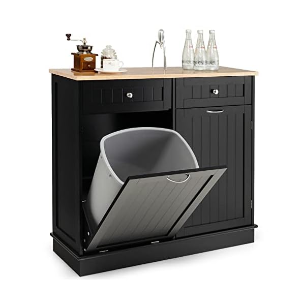 Giantex Kitchen Trash Cabinet, Kitchen Island with Tilt Out Garbage Bin, Rubber Wood Countertop, Large Cabinet, 2 Drawers, Adjustable Shelf, Recycling Can Holder Organizer (Black)