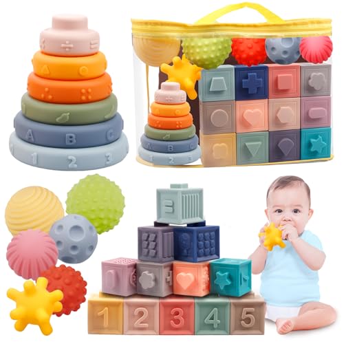 Image of Montessori Toys for Babies 6-12 Months, Soft Baby Blocks Toys Set, 3 in 1 Infant Stacking Building Blocks, Teething Toys Sensory Balls Educational Learning Toys for Toddlers 3-6-9-11 Months Boys Girls