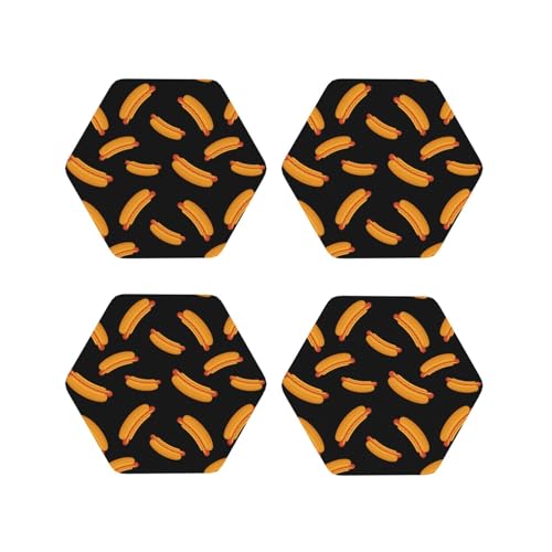 Set di 4 sottobicchieri esagonali in pelle, leggeri, con stampa di hot dog, sottobicchieri neri per scrivania, anti-scottature, per decorare la tavola dell'ufficio