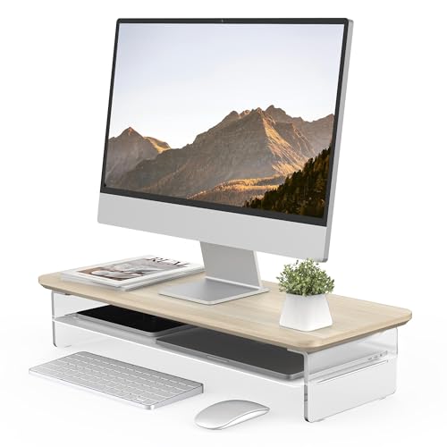 Image of Fenge 23.6 inch Monitor Stand with Clear Acrylic Legs, Oak | Clear acrylic, storage compartment, 2-tier home office monitor riser, wide large desktop shelf fit monitor /laptop /printer