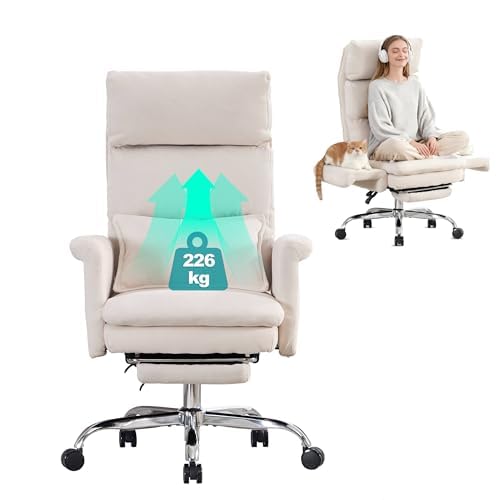 UEV Silla Ergonómica con Reposabrazos Reversibles 90° 190°, Alta y Grande, Sillón de Oficina Ergonómico con Reposacabezas Ajustable y Reposapiés Retráctil, 70 x 65 x 116 123 cm, Beige