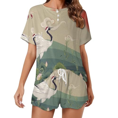Pyjama femme manches courtes oiseau rétro contre la chaleur nocturne