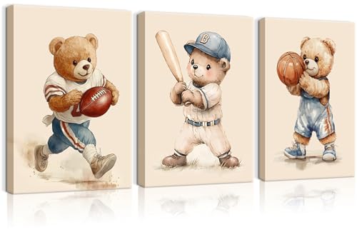 Image of 3 Pcs Nursery Bear Wall Art Boys Sports Canvas Wall Decor Vintage Cute Animal Poster Prints Kids Room Painting Pictures for Living Room Bedroom Ready to Hang (12x16in Canvas)