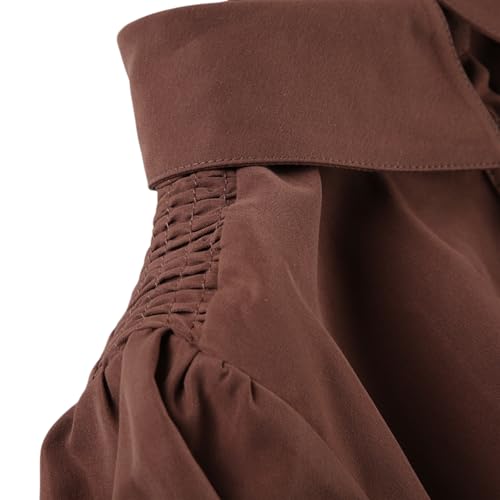 Women's button up shirt, teenage girls' bubble sleeves, pleated polo collar, short sleeved top, brown4