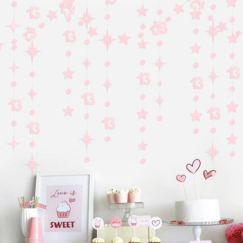 Image of Glitter Pink 13th Birthday Decorations Number 13 Circle Dot Twinkle Star Garland Hanging Streamer Banner Backdrop Girls 13 Year Old Birthday Thirteen Official Teenager 13th Anniversary Party Supplies