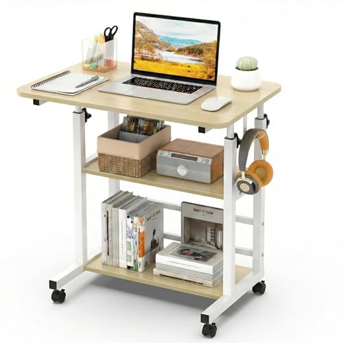 Table Roulante Réglable en Hauteur 56–82 cm, Bureau Informatique Mobile 60 x 40 cm avec 3 Étagères de Rangement, 4 Roulettes avec Frein, Table...