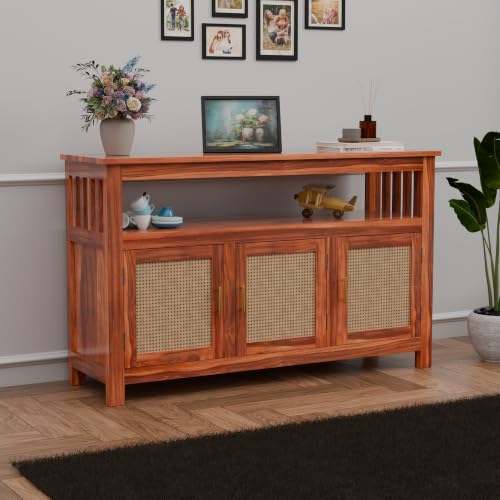 Image of Solid Sheesham Wood Sideboard for Living Room with Cane Doors | 3-Door Storage Unit with Open Shelf | Buffet Cabinet for Dining Room, Entryway & Hallway | Honey Finish | 140 x 40 x 82 cm