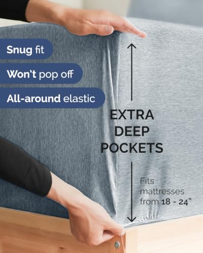Image of Extra Deep Flex Top Split Head King Fitted Sheet - Hotel Luxury Single Fitted Sheet Only - Easily Fits 18 inch to 24 inch Mattress - Ultra Soft, Wrinkle Free w /Extra Deep Pockets - Heathered Blue
