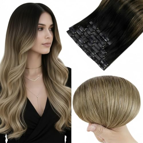 Image of Full Shine Clip in Hair Extensions Real Human Hair, Black Root Blonde