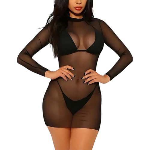 Damenkleid Spitze Bademantel Kimono Babydoll Elegante Dessous Langarm Bademäntel Kurz Nachthemd Transparent Bikini Cover Ups Pyjama Mesh Set,Sexy Damen Dessous