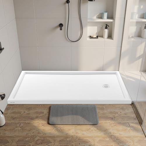 VEVOR Shower Pan, 60″ L x 36″ W Single Threshold Shower Base, Rectangle Acrylic & PVC Showering Base in White, Slip-Resistant Showering Pan Bases with Drain & Cover for Bathroom, Right Drain Location