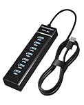 7 Port USB 3.0 Hub Powered Aluminum Multi USB Port Splitter Adapter with 1M Extension Cable, SuperSpeed 5Gbps Data Transfer & Charging Desktop USB Extender for PC, Mac, Laptop, PS4, Xbox