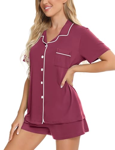 Image of SWOMOG Womens Button Down Pajamas Set Short Sleeve Sleepwear Bride Soft Pj Lounge Sets XS-3XL