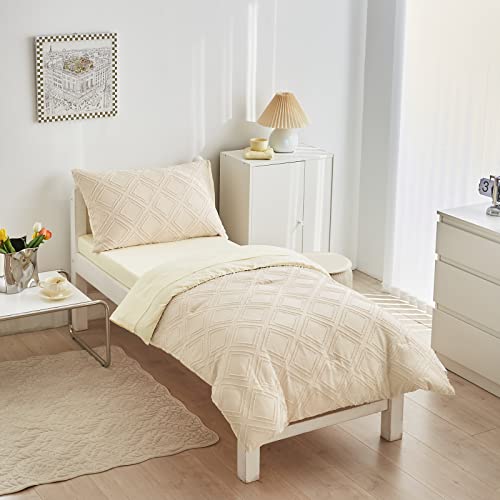 4 Pieces Tufted Toddler Bedding Set Solid Beige Jacquard Tufts, Soft And Embroidery Shabby Chic Boho Bohemian Design For Baby Boys N Girls, Includes Comforter, Flat Sheet, Fitted Sheet And Pillowcase #TOP1