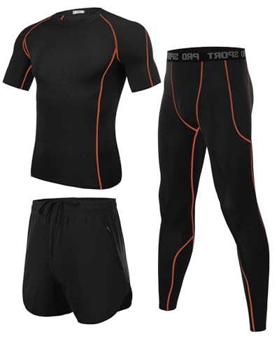 Wayleb Tuta Fitness 3 Pezzi da Uomo Tuta Sportivi Uomo Estiva Palestra Completi con Pantaloncini Compressione Maglie Corsa Leggings Set per Fitness, Jogging, Ciclismo,Nero+Arancione XL