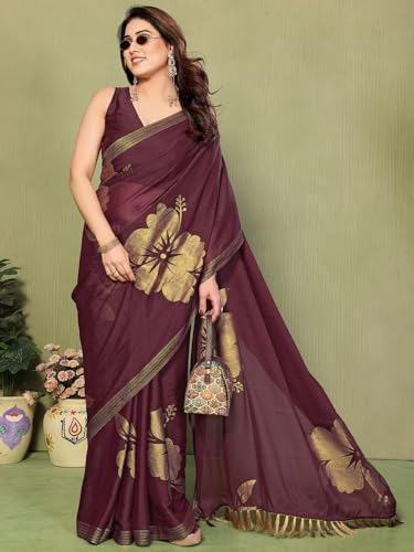 Image of Satrani Women's Shimmer Georgette Foil Printed Saree with Unstitched Blouse Piece