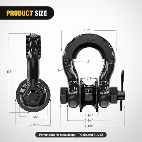 Image of Nilight 3 /4 inch D-Ring Shackle w /Snatch Block (2 Pack) 9,500 lb Working Load, 2-in-1 Heavy‑Duty Towing Pulley w /Isolator for Off‑Road Recovery, Winch Cable & Rope, Truck Jeep ATV UTV Tractor, Black