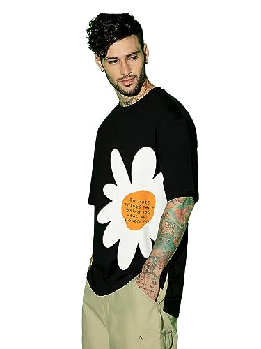 Image of Veirdo Cotton Black & Limeade Oversized Fit Half Sleeve Crew-Neck Floral Printed Longline T-Shirt for Men
