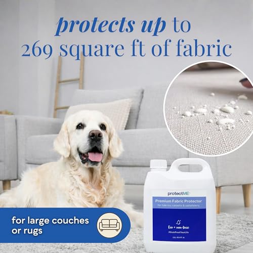 Image of protectME Fabric Protector and Stain Resistant Spray - Upholstery Fabric Spray for Stain Guard for Carpet, Shoes, Couch, Sofa - Non Toxic Water Based Furniture Protector - 84.5 Fl. Oz. +Sprayer