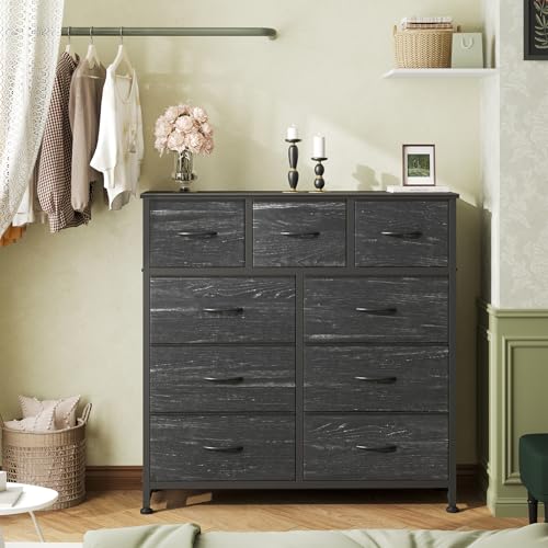 Image of OLIXIS 9 Drawer Storage Dresser with Wood Top - Wide Fabric Chest Organizer for Bedroom, Closet, Living Room,Tower Cabinet, TV Stand, Hallway Entryway Furniture,Black Wood Grain