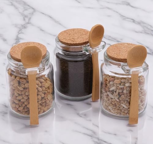 Image of STORE 2508 3 Airtight Glass Spice Jars with Lids and Wooden Spoons | Transparent 200 ml condiment canisters for salt, pepper and chilli flakes; compact storage for kitchen counters.