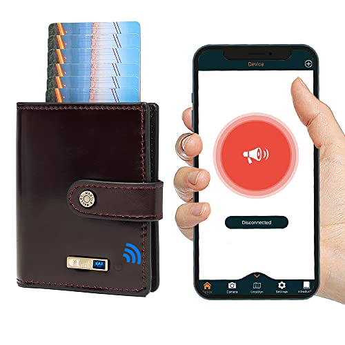 SMART LB Anti-Lost Bluetooth Wallet Tracker?Trackable Wallet for Men with Aluminum Cardholder Mens Slim?Leather Mens Wallet with ID Window Credit Card Holder Pocket (Wine Red)