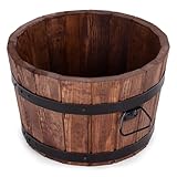 Drewdon Großer Holz Blumentopf Runder Garten Pflanzkübel mit Metallringen Dekoratives Holzfass als Pflanztopf Wetterfeste Blumenkübel für draußen Balkon Terrasse & Garten (braun, Ø42 x H26)