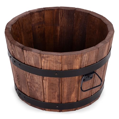 Drewdon Großer Holz Blumentopf Runder Garten Pflanzkübel mit Metallringen Dekoratives Holzfass als Pflanztopf Wetterfeste Blumenkübel für draußen Balkon Terrasse & Garten (braun, Ø42 x H26)