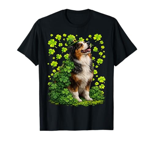 Lucky Australian Shepherd with Shamrocks St Patricks Day Dog T-Shirt
