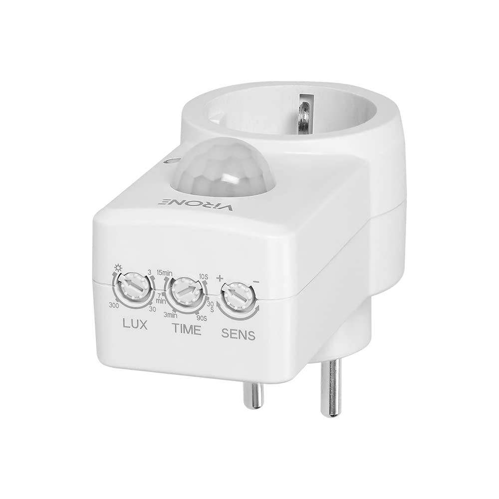 Virone MS-1(GS) Prise détecteur de Mouvement 120 degrés IP20 280W Time Réglage du Temps d'éclairage Réglage de la Zone de détection Sens Version Schuko - Produit pour Le Marché Allemand.